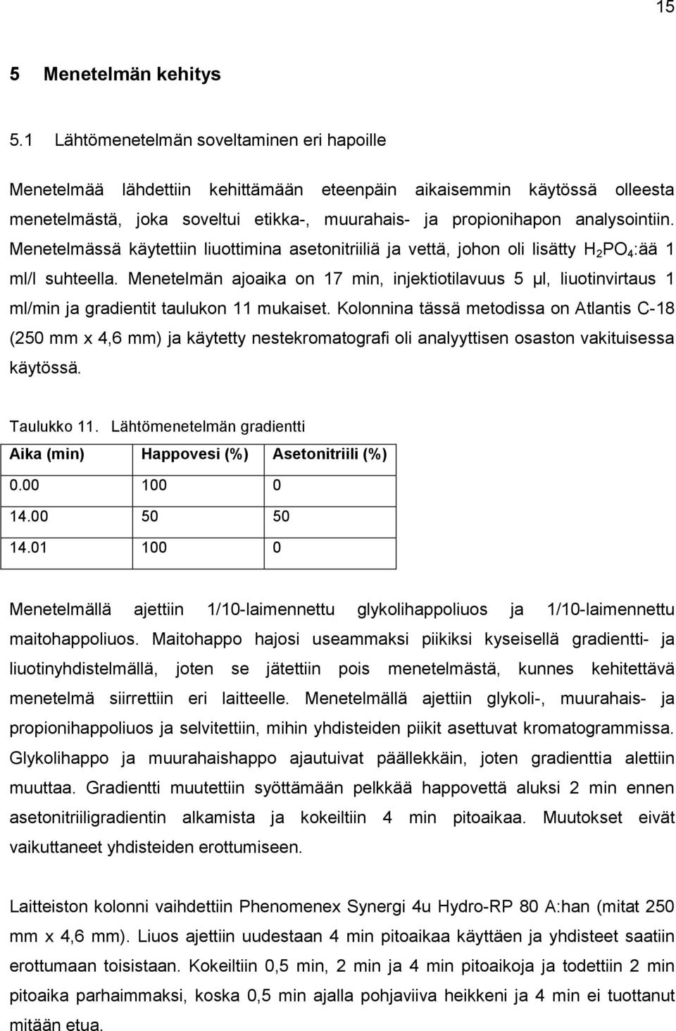 Menetelmässä käytettiin liuottimina asetonitriiliä ja vettä, johon oli lisätty H 2 PO 4 :ää 1 ml/l suhteella.