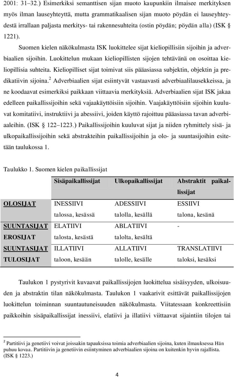 rakennesuhteita (ostin pöydän; pöydän alla) (ISK 1221). Suomen kielen näkökulmasta ISK luokittelee sijat kieliopillisiin sijoihin ja adverbiaalien sijoihin.