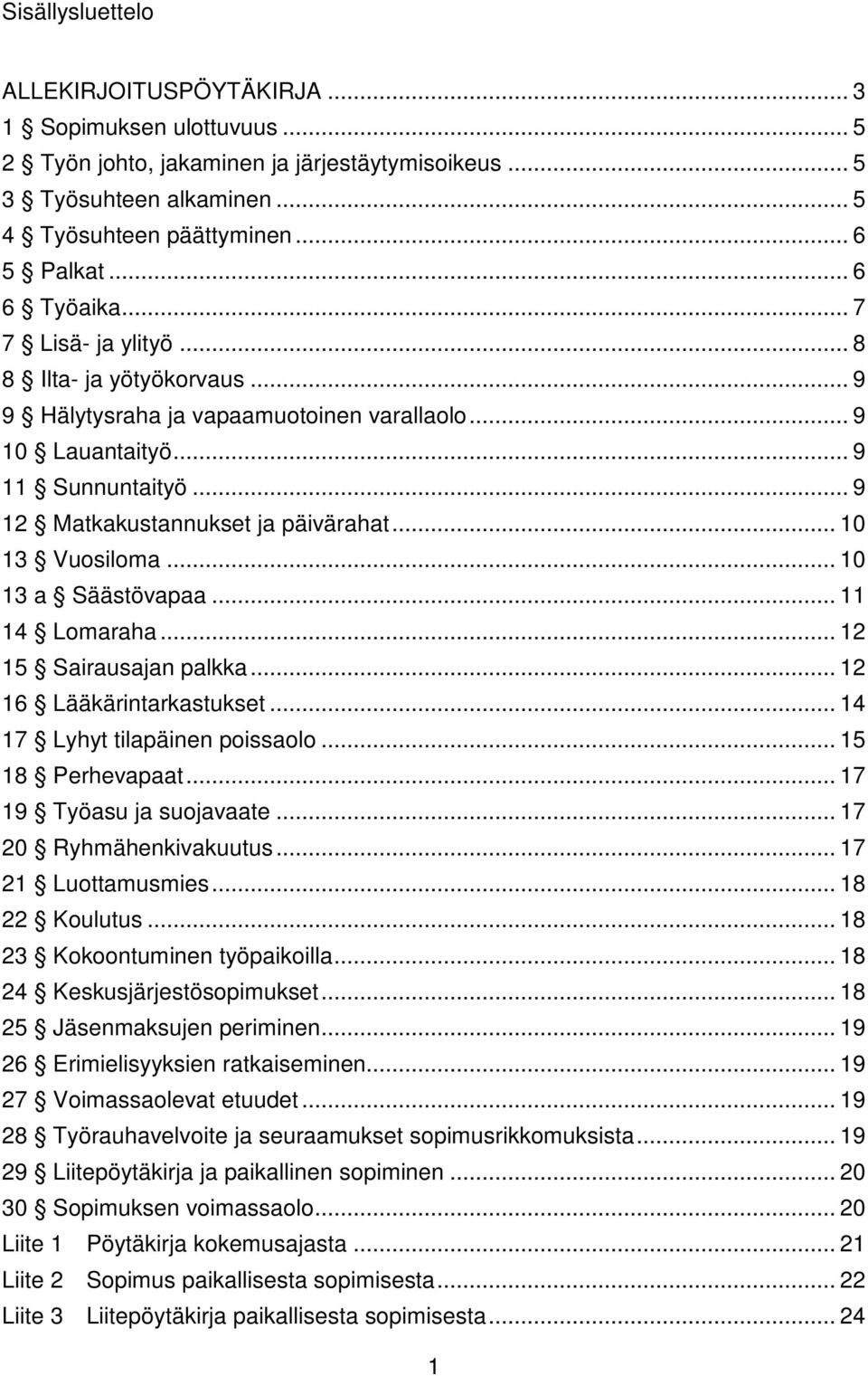 .. 10 13 Vuosiloma... 10 13 a Säästövapaa... 11 14 Lomaraha... 12 15 Sairausajan palkka... 12 16 Lääkärintarkastukset... 14 17 Lyhyt tilapäinen poissaolo... 15 18 Perhevapaat.