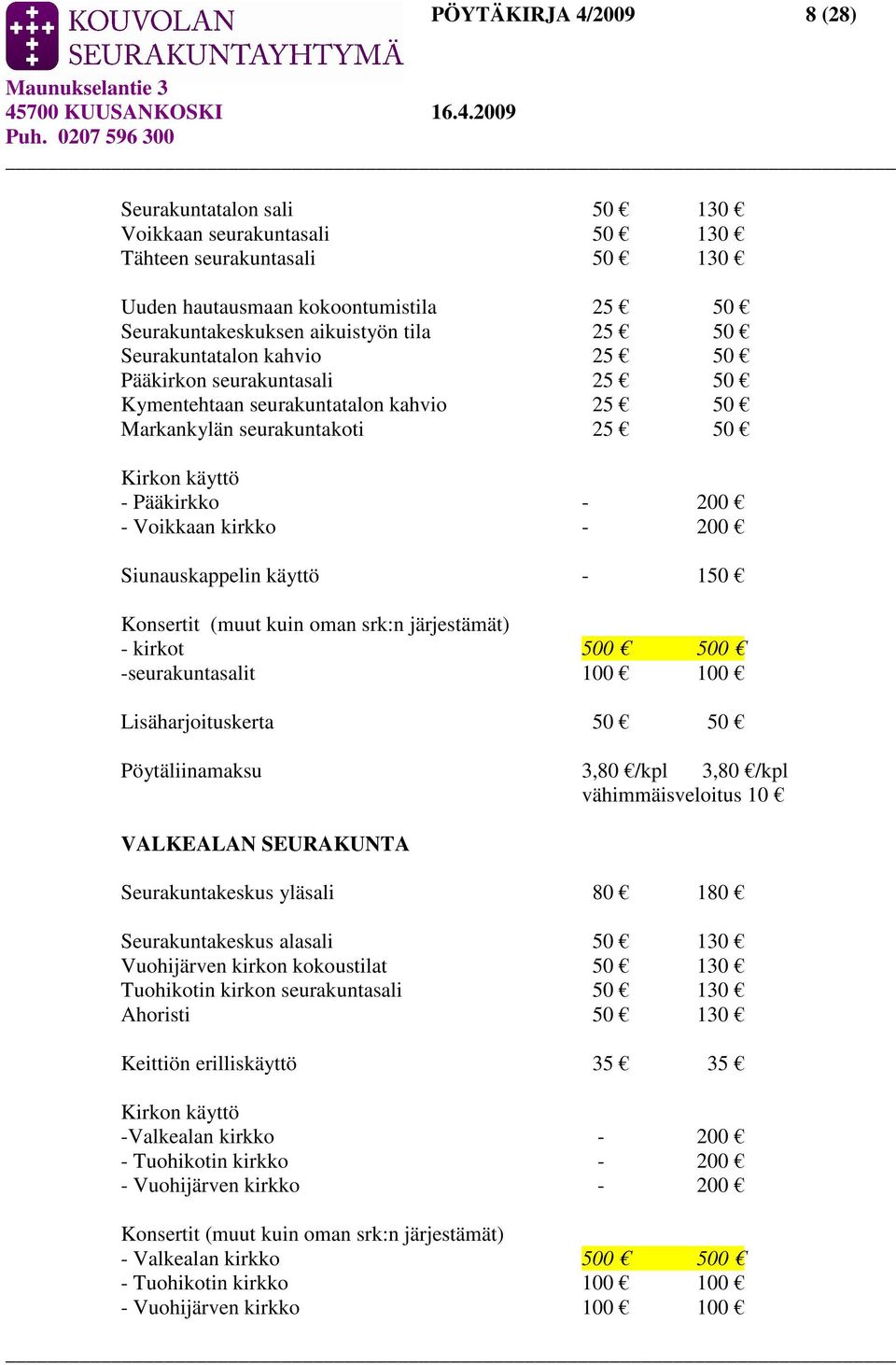 Siunauskappelin käyttö - 150 Konsertit (muut kuin oman srk:n järjestämät) - kirkot 500 500 -seurakuntasalit 100 100 Lisäharjoituskerta 50 50 Pöytäliinamaksu 3,80 /kpl 3,80 /kpl vähimmäisveloitus 10