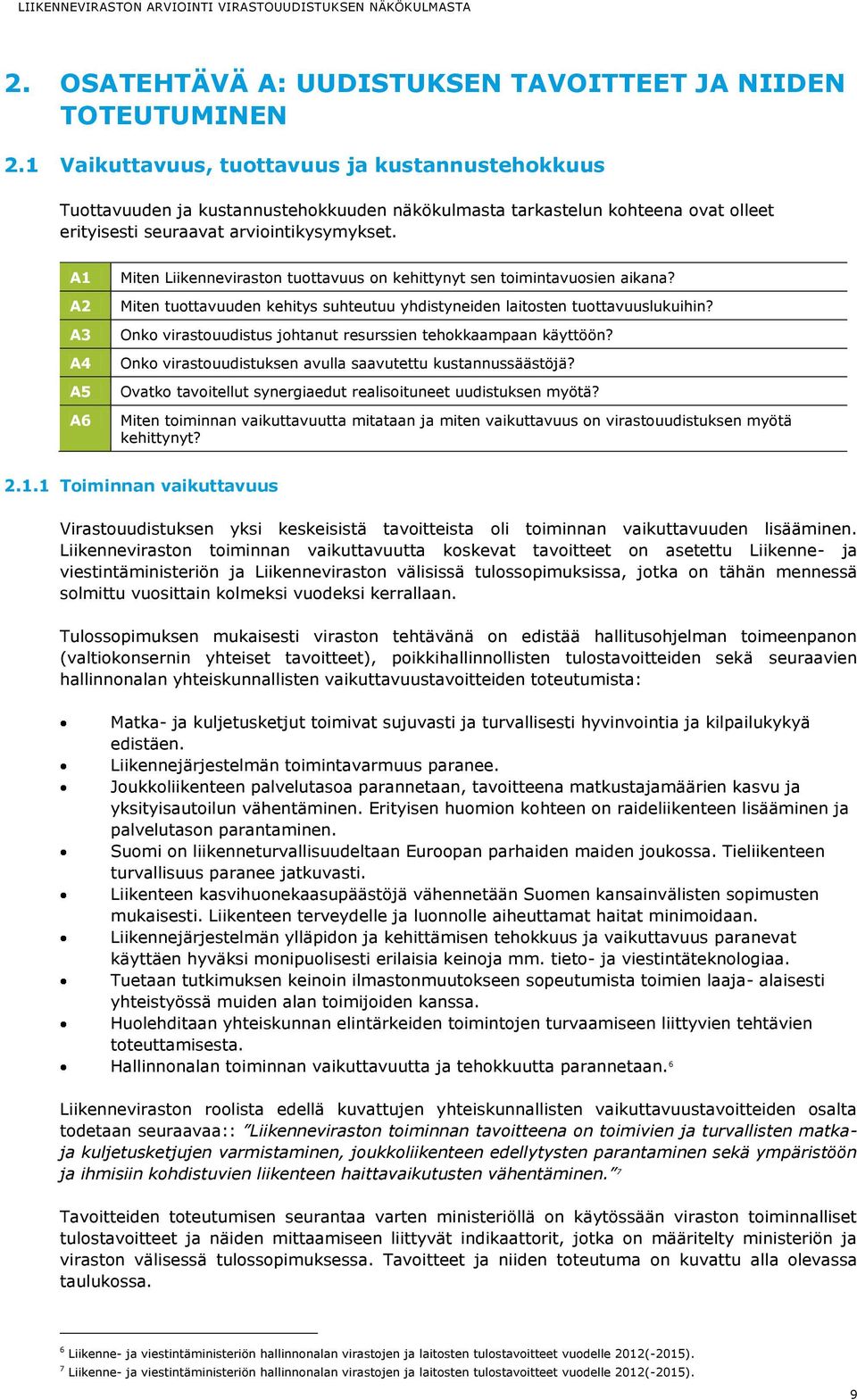 A1 A2 A3 A4 A5 A6 Miten Liikenneviraston tuottavuus on kehittynyt sen toimintavuosien aikana? Miten tuottavuuden kehitys suhteutuu yhdistyneiden laitosten tuottavuuslukuihin?