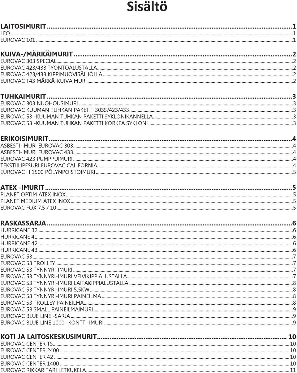 ..3 ERIKOISIMURIT...4 ASBESTI-IMURI EUROVAC 303...4 ASBESTI-IMURI EUROVAC 433...4 EUROVAC 423 PUMPPUIMURI...4 TEKSTIILIPESURI EUROVAC CALIFORNIA...4 EUROVAC H 1500 PÖLYNPOISTOIMURI...5 ATEX -IMURIT.