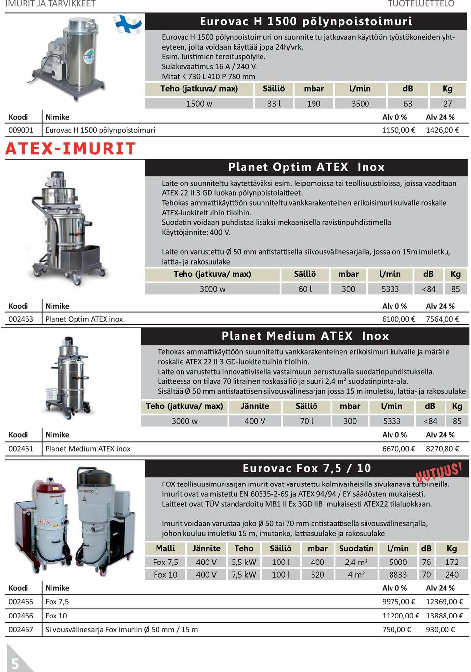 l 190 3500 63 27 009001 Eurovac H 1500 pölynpoistoimuri 1150,00 1426,00 ATEX-IMURIT olesta 1 Planet.Optim.ATEX..Inox Laite on suunniteltu käytettäväksi esim.