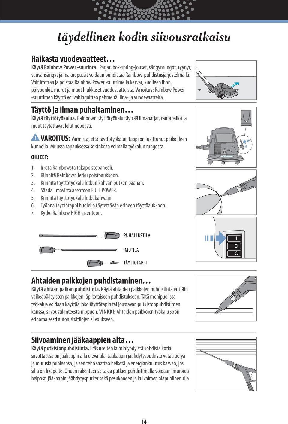 Voit irrottaa ja poistaa Rainbow Power -suuttimella karvat, kuolleen ihon, pölypunkit, murut ja muut hiukkaset vuodevaatteista.