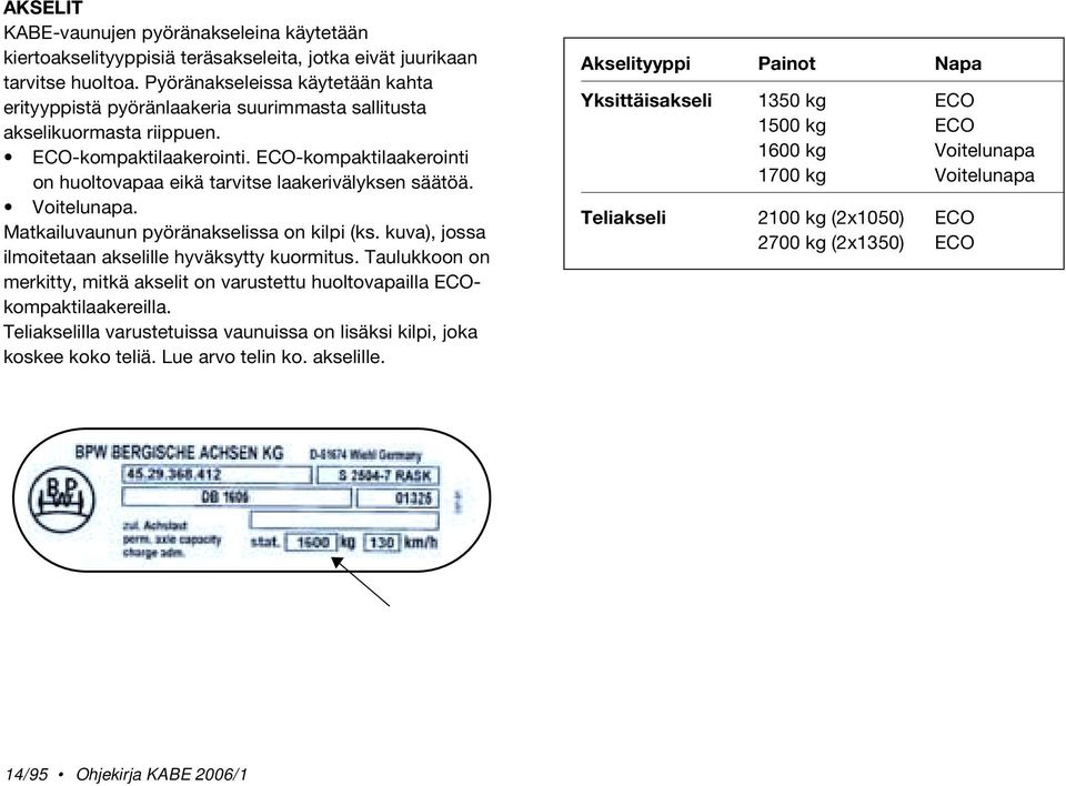 ECO-kompaktilaakerointi on huoltovapaa eikä tarvitse laakerivälyksen säätöä. Voitelunapa. Matkailuvaunun pyöränakselissa on kilpi (ks. kuva), jossa ilmoitetaan akselille hyväksytty kuormitus.