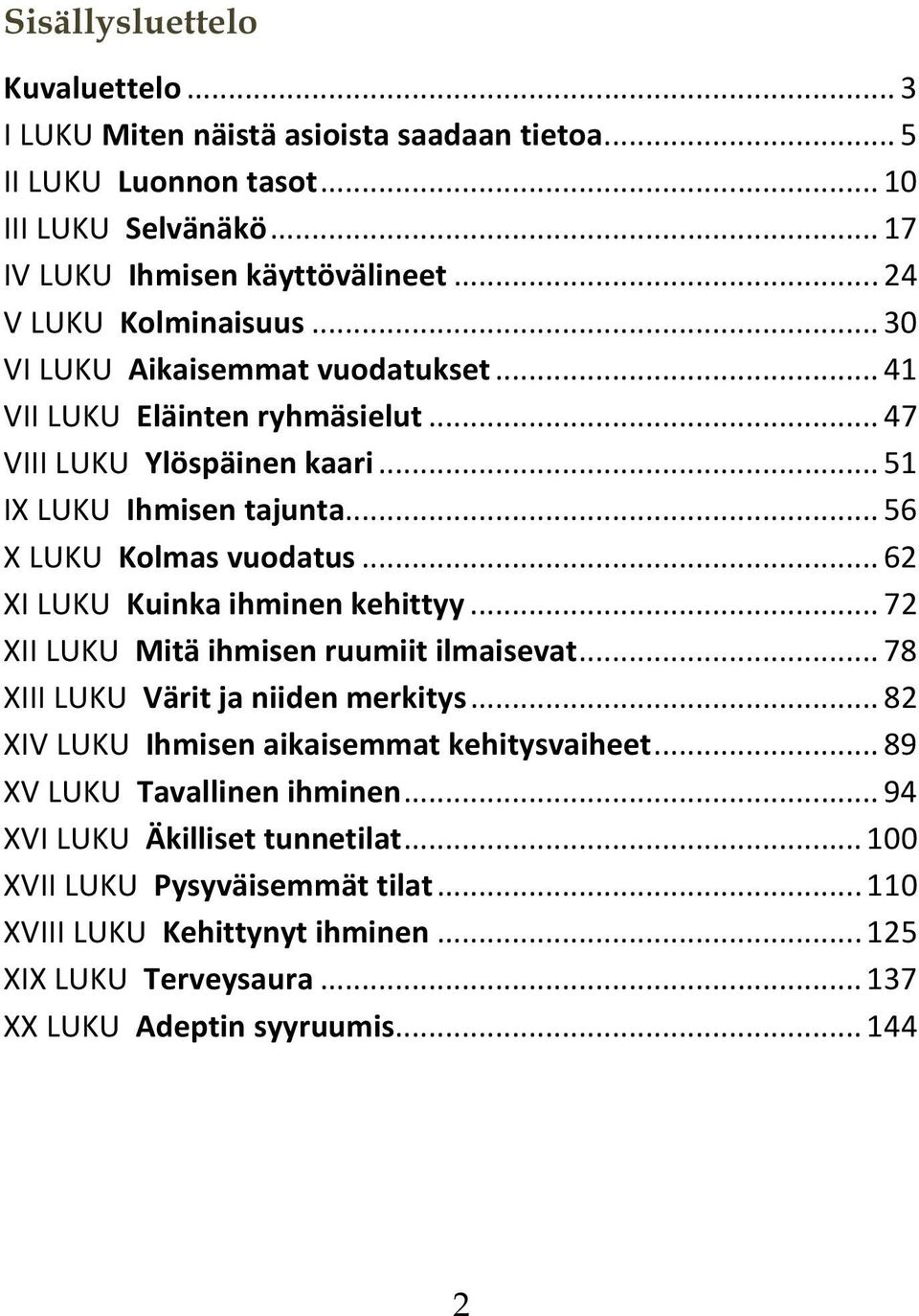 .. 56 X LUKU Kolmas vuodatus... 62 XI LUKU Kuinka ihminen kehittyy... 72 XII LUKU Mitä ihmisen ruumiit ilmaisevat... 78 XIII LUKU Värit ja niiden merkitys.