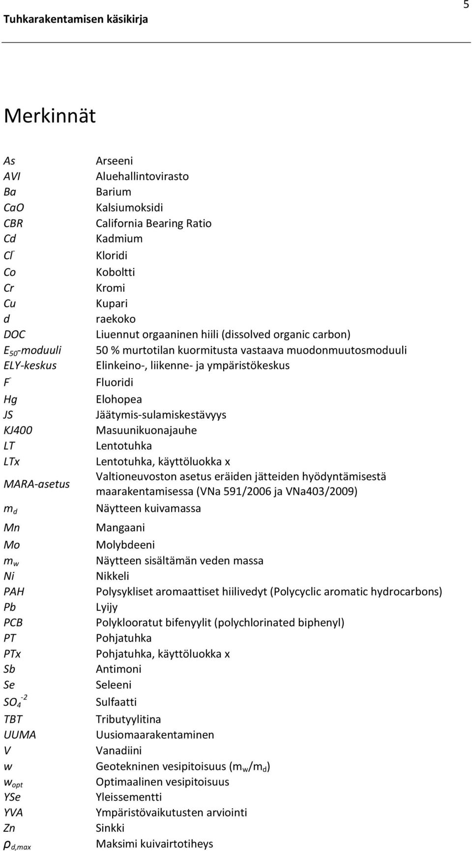 Elohopea JS Jäätymis-sulamiskestävyys KJ400 Masuunikuonajauhe LT Lentotuhka LTx Lentotuhka, käyttöluokka x MARA-asetus Valtioneuvoston asetus eräiden jätteiden hyödyntämisestä maarakentamisessa (VNa