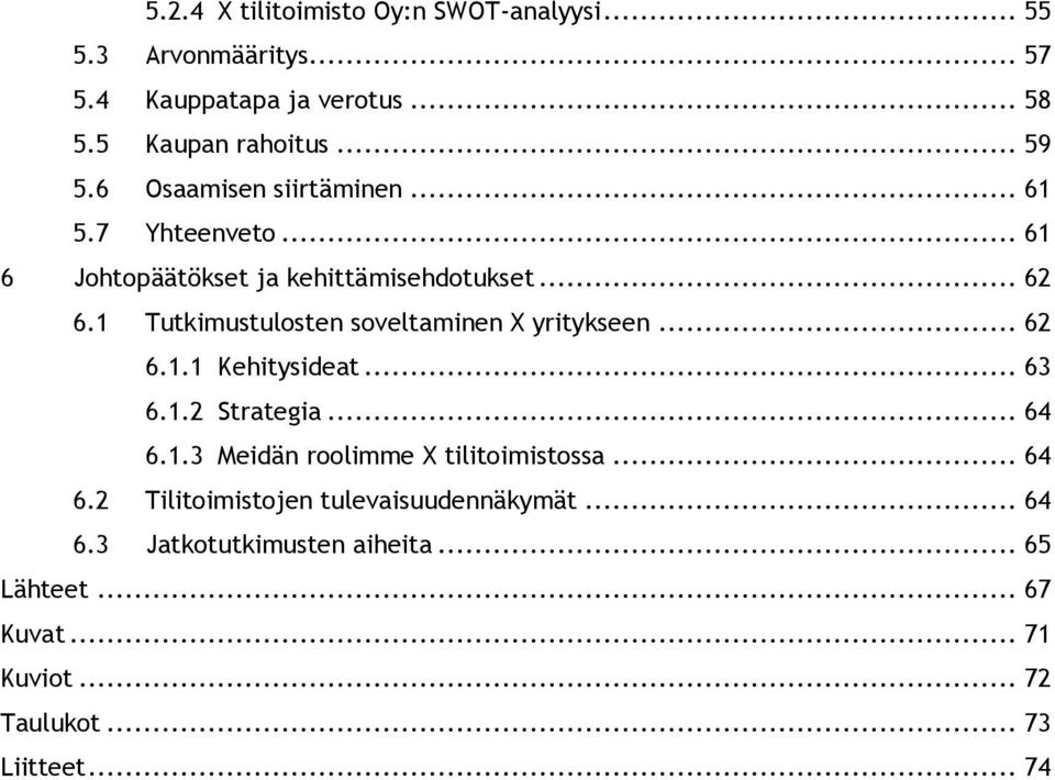 1 Tutkimustulosten soveltaminen X yritykseen... 62 6.1.1 Kehitysideat... 63 6.1.2 Strategia... 64 6.1.3 Meidän roolimme X tilitoimistossa.