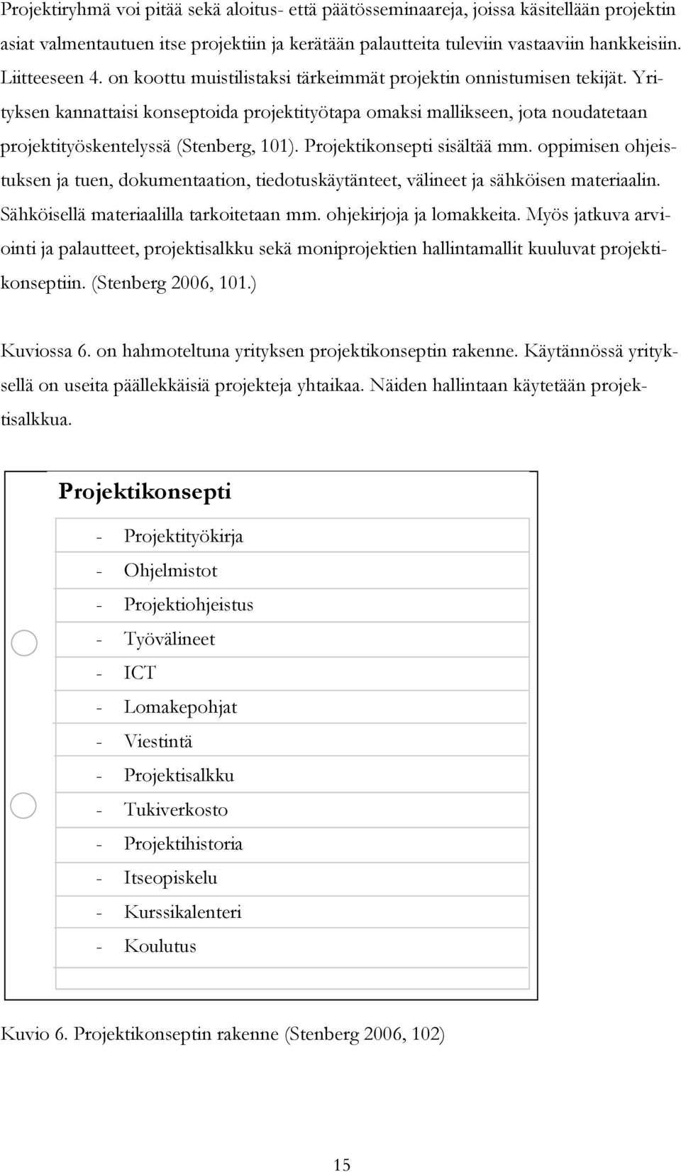 Projektikonsepti sisältää mm. oppimisen ohjeistuksen ja tuen, dokumentaation, tiedotuskäytänteet, välineet ja sähköisen materiaalin. Sähköisellä materiaalilla tarkoitetaan mm.