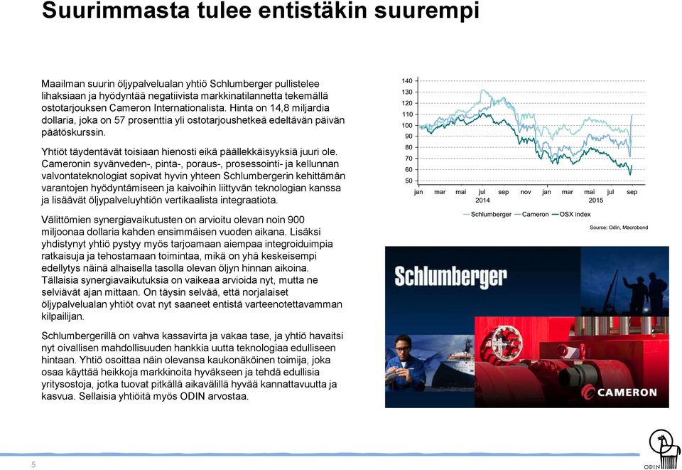 Cameronin syvänveden-, pinta-, poraus-, prosessointi- ja kellunnan valvontateknologiat sopivat hyvin yhteen Schlumbergerin kehittämän varantojen hyödyntämiseen ja kaivoihin liittyvän teknologian