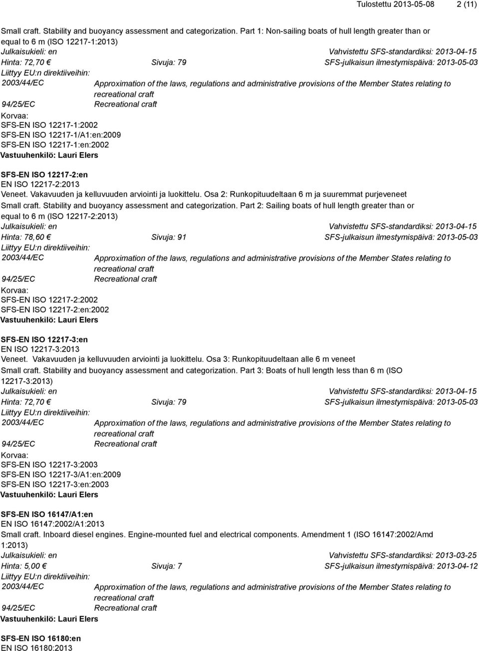 Member States relating to recreational craft 94/25/EC Recreational craft SFS-EN ISO 12217-1:2002 SFS-EN ISO 12217-1/A1:en:2009 SFS-EN ISO 12217-1:en:2002 SFS-EN ISO 12217-2:en EN ISO 12217-2:2013