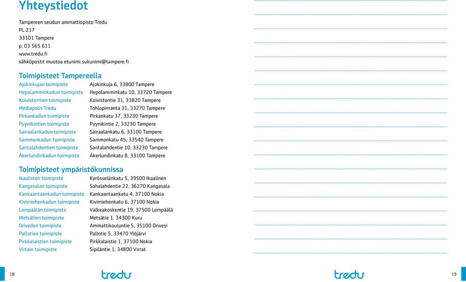 Sairaalankadun toimipiste Sammonkadun toimipiste Santalahdentien toimipiste Åkerlundinkadun toimipiste Hepolamminkatu 10, 33720 Tampere Koivistontie 31, 33820 Tampere Tohlopinranta 31, 33270 Tampere