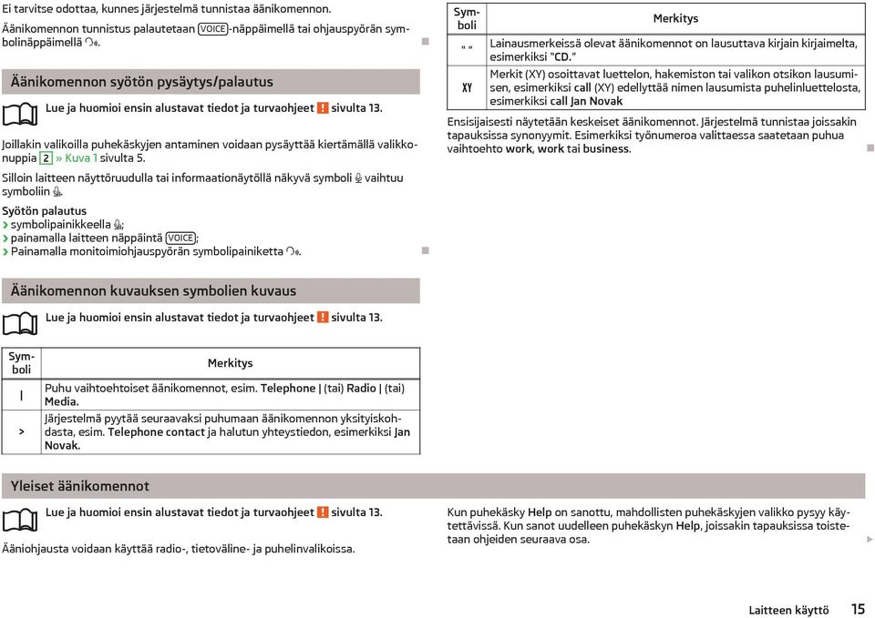 Joillakin valikoilla puhekäskyjen antaminen voidaan pysäyttää kiertämällä valikkonuppia 2» Kuva 1 sivulta 5. Silloin laitteen näyttöruudulla tai informaationäytöllä näkyvä symboli vaihtuu symboliin.