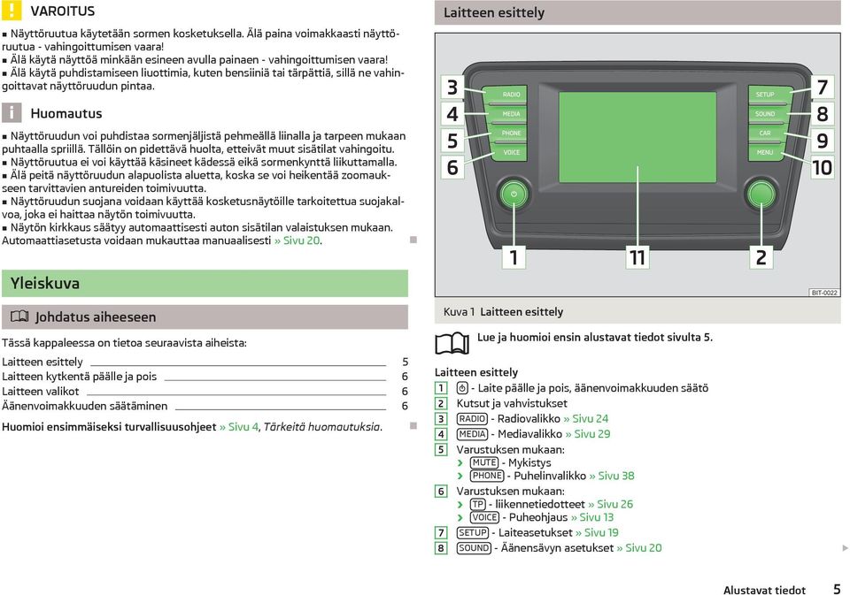 Laitteen esittely Huomautus Näyttöruudun voi puhdistaa sormenjäljistä pehmeällä liinalla ja tarpeen mukaan puhtaalla spriillä. Tällöin on pidettävä huolta, etteivät muut sisätilat vahingoitu.