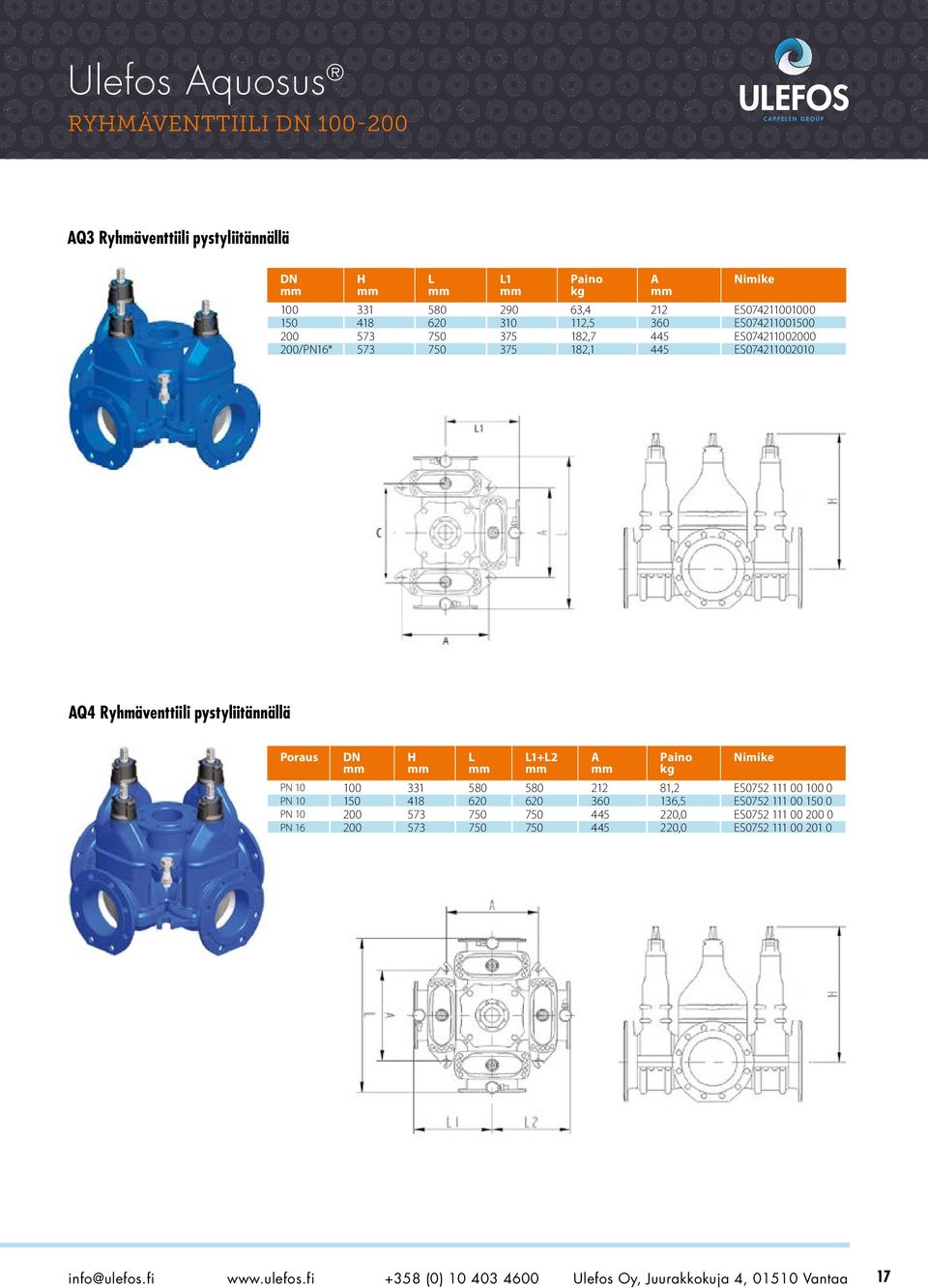 H L L1+L2 A kg Nimike PN 10 100 331 580 580 212 81,2 ES0752 111 00 100 0 PN 10 150 418 620 620 360 136,5 ES0752 111 00 150 0 PN 10 200 573 750 750 445 220,0