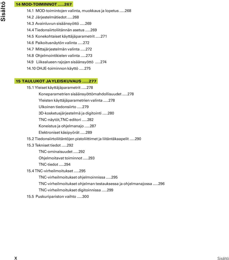 ..275 15 TAULUKOT JA YLEISKUVAUS...277 15.1 Yleiset käyttäjäparametrit...278 Koneparametrien sisäänsyöttömahdollisuudet...278 Yleisten käyttäjäparametrien valinta...278 Ulkoinen tiedonsiirto.