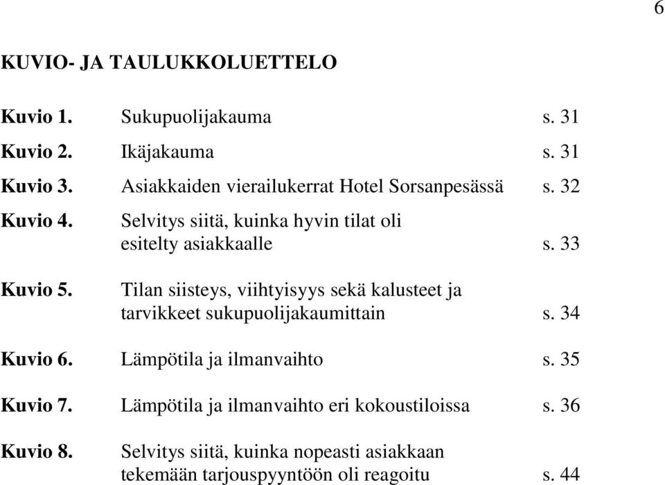 33 Kuvio 5. Tilan siisteys, viihtyisyys sekä kalusteet ja tarvikkeet sukupuolijakaumittain s. 34 Kuvio 6.