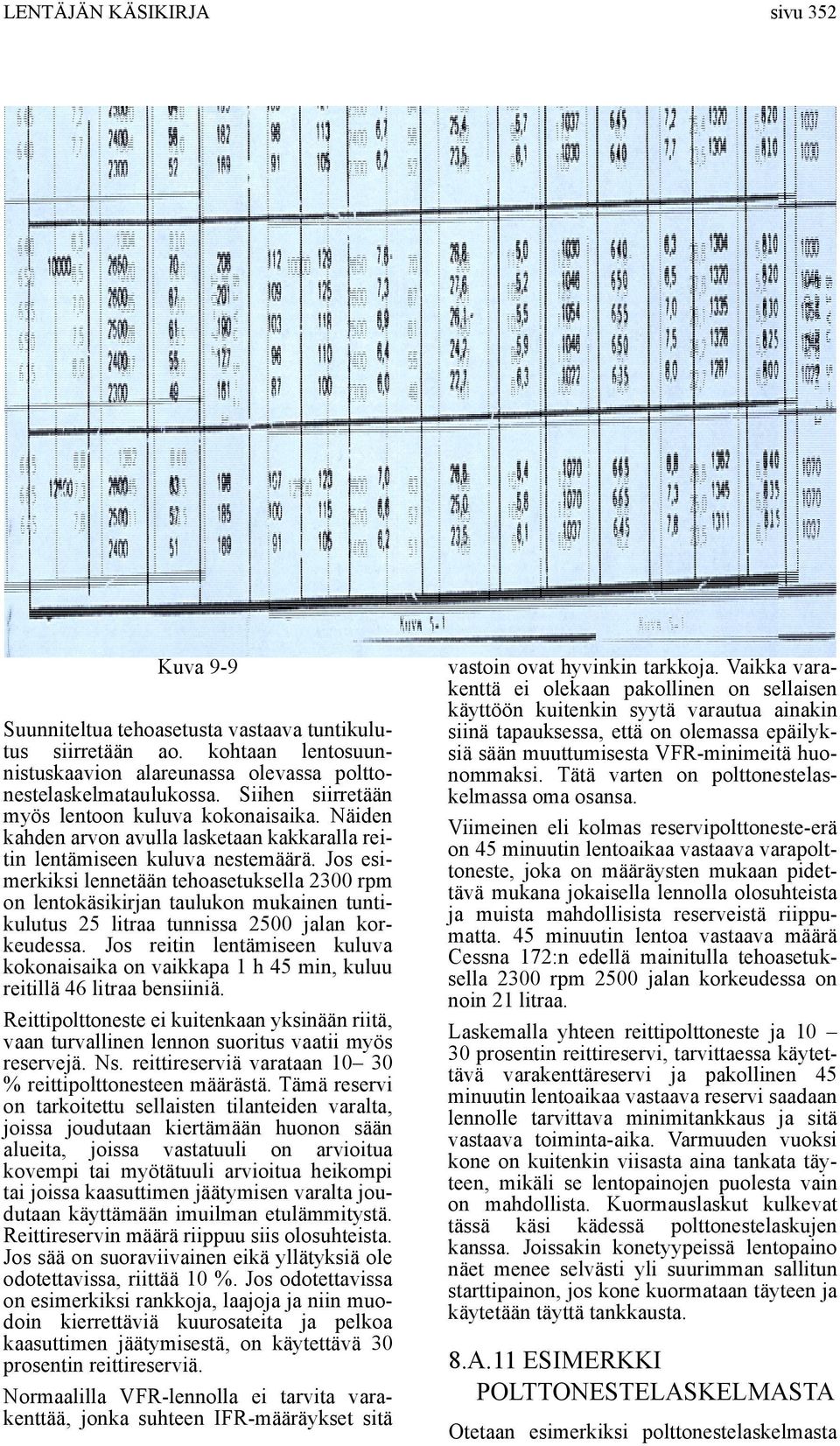 Jos esimerkiksi lennetään tehoasetuksella 2300 rpm on lentokäsikirjan taulukon mukainen tuntikulutus 25 litraa tunnissa 2500 jalan korkeudessa.