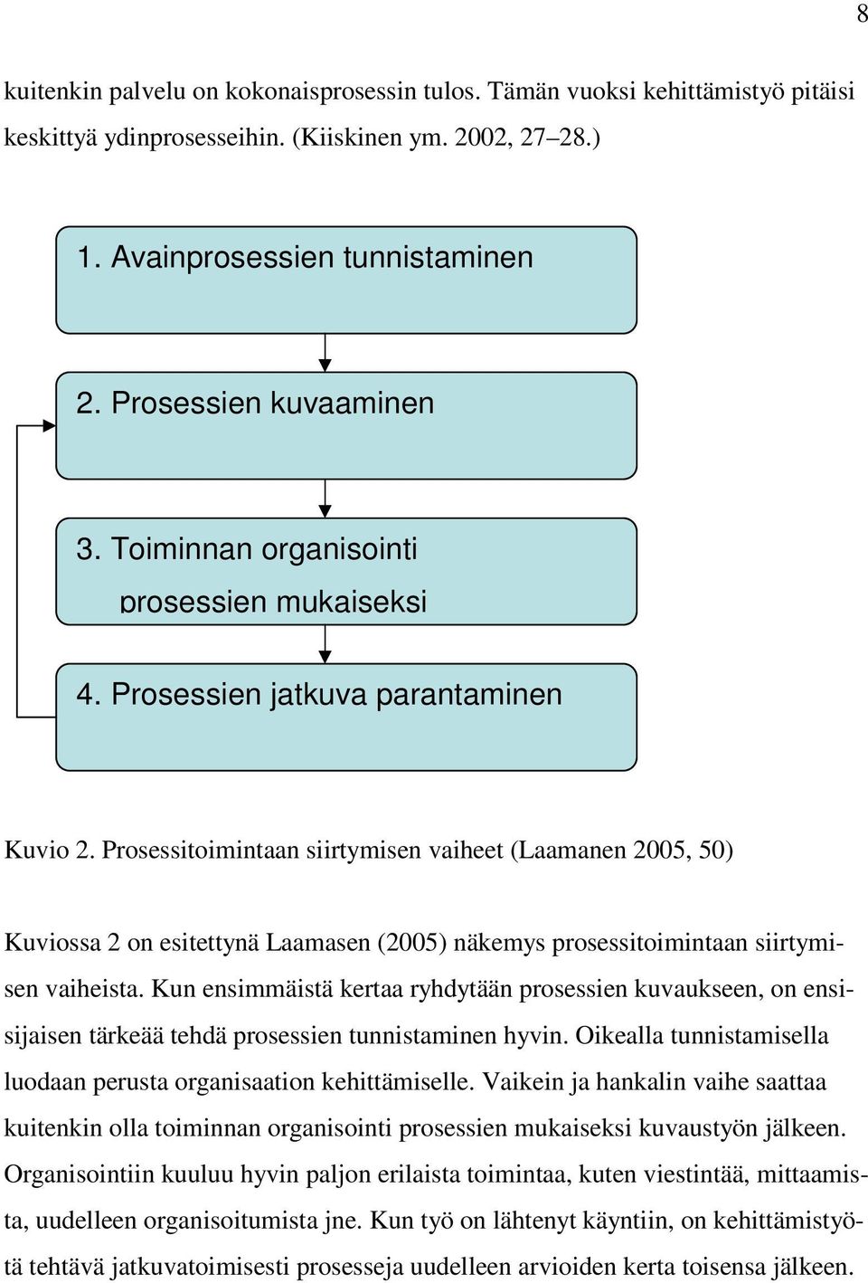 Prosessitoimintaan siirtymisen vaiheet (Laamanen 2005, 50) Kuviossa 2 on esitettynä Laamasen (2005) näkemys prosessitoimintaan siirtymisen vaiheista.