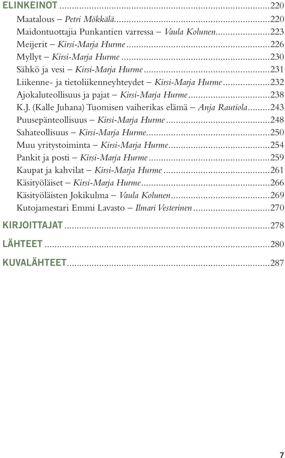 (Kalle Juhana) Tuomisen vaiherikas elämä Anja Rautiola...243 Puusepänteollisuus Kirsi-Marja Hurme...248 Sahateollisuus Kirsi-Marja Hurme...250 Muu yritystoiminta Kirsi-Marja Hurme.