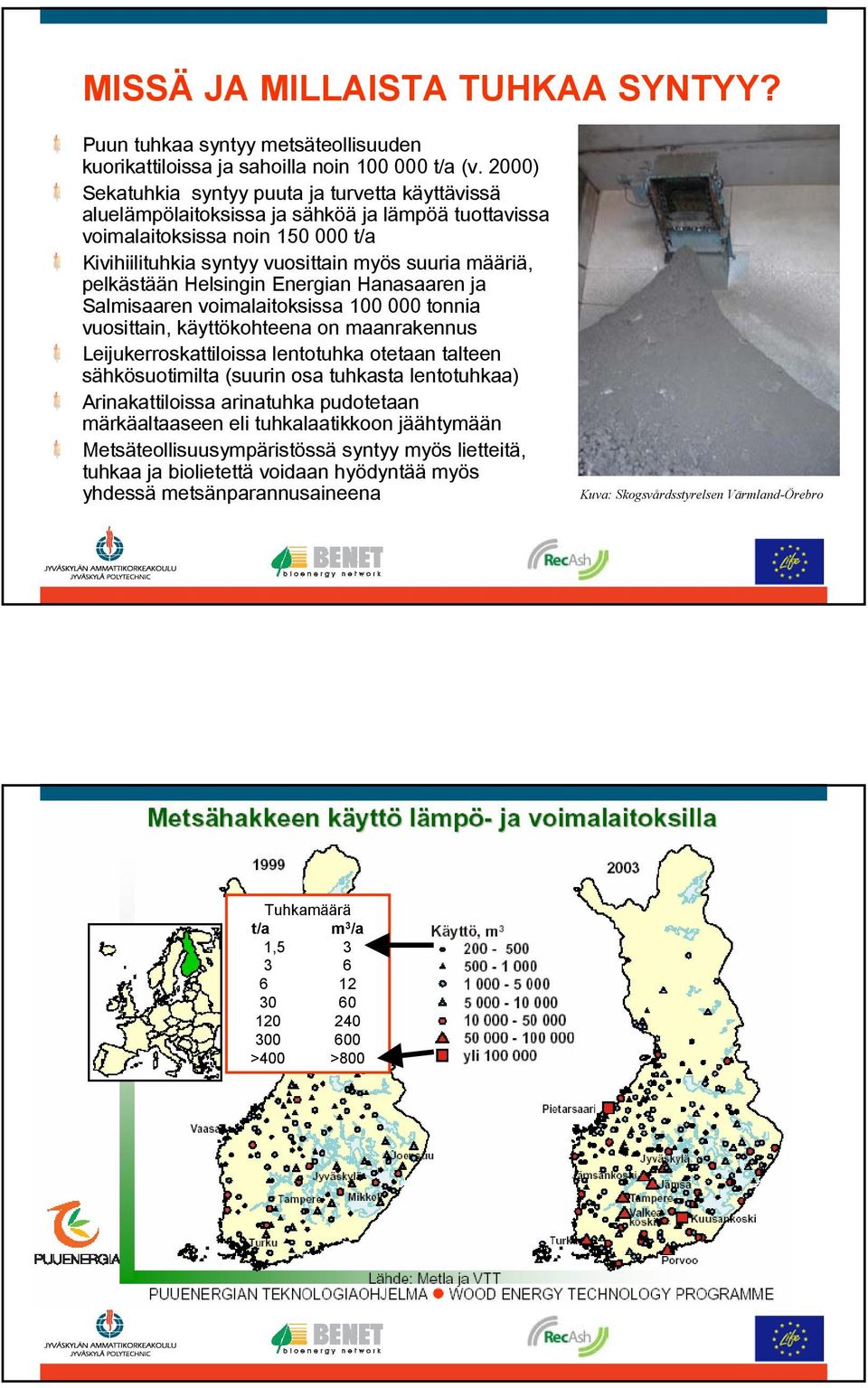 pelkästään Helsingin Energian Hanasaaren ja Salmisaaren voimalaitoksissa 100 000 tonnia vuosittain, käyttökohteena on maanrakennus Leijukerroskattiloissa lentotuhka otetaan talteen sähkösuotimilta