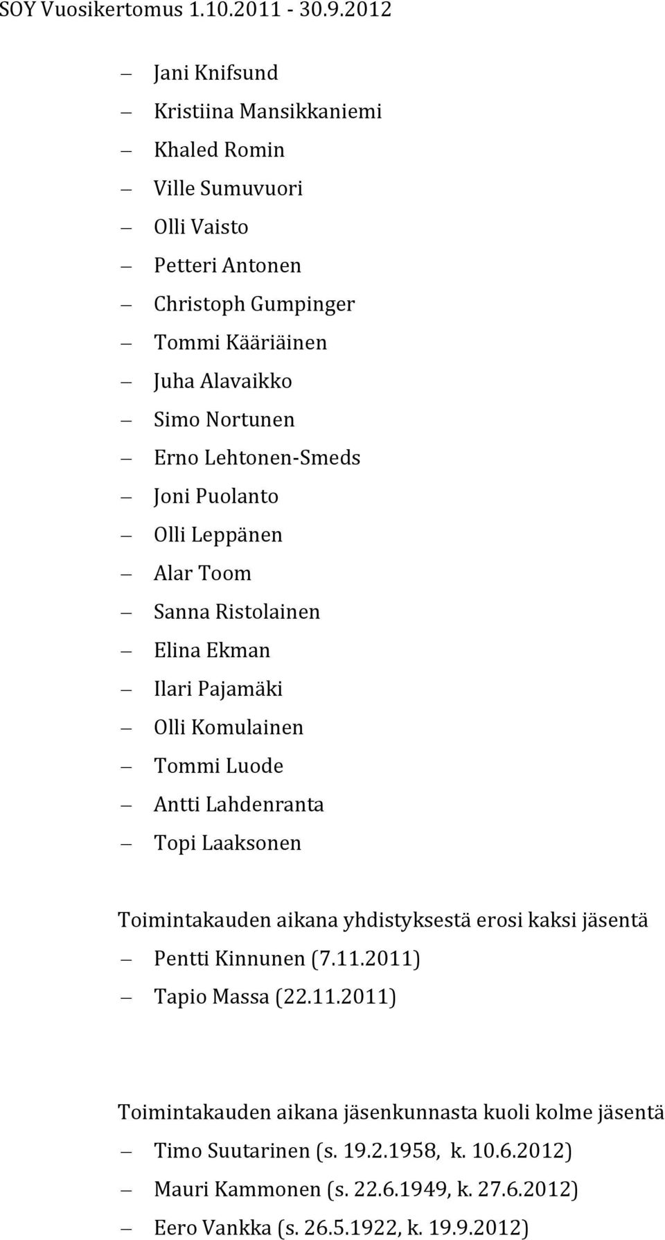 Lahdenranta Topi Laaksonen Toimintakauden aikana yhdistyksestä erosi kaksi jäsentä Pentti Kinnunen (7.11.