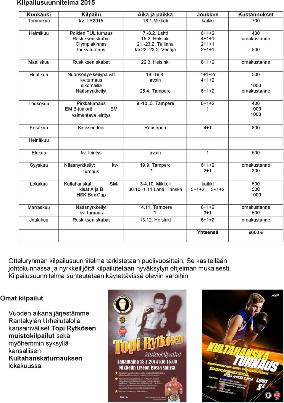 turnaus ulkomailla Nääsnyrkkeilyt 18.-19.4. avoin 25.4. Tampere 4+1+2i 4+1+2 6+1+2 Toukokuu Pirkkaturnaus EM B-juniorit EM valmentava leiritys 9.-10..5. Tampere 6+1+2 1 400 Kesäkuu Kisiksen leiri Raasepori 4+1 800 Heinäkuu Elokuu kv.