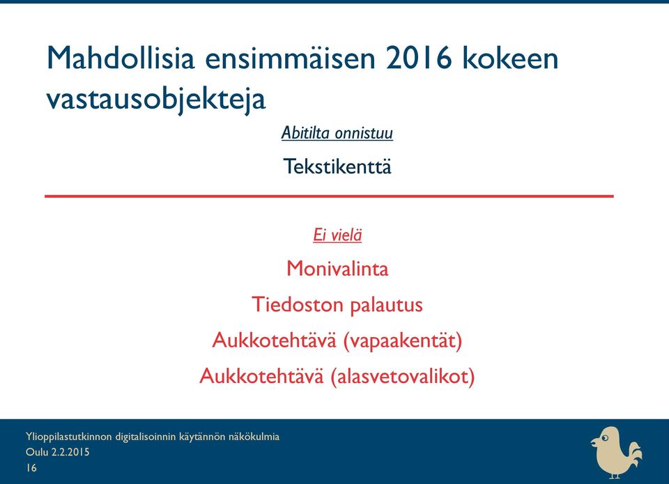 Tekstikenttä Ei vielä Monivalinta Tiedoston