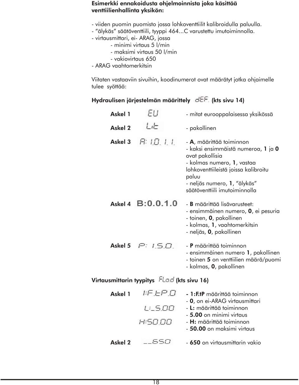 - virtausmittari, ei- ARAG, jossa - minimi virtaus 5 l/min - maksimi virtaus 50 l/min - vakiovirtaus 650 - ARAG vaahtomerkitsin Viitaten vastaaviin sivuihin, koodinumerot ovat määrätyt jotka