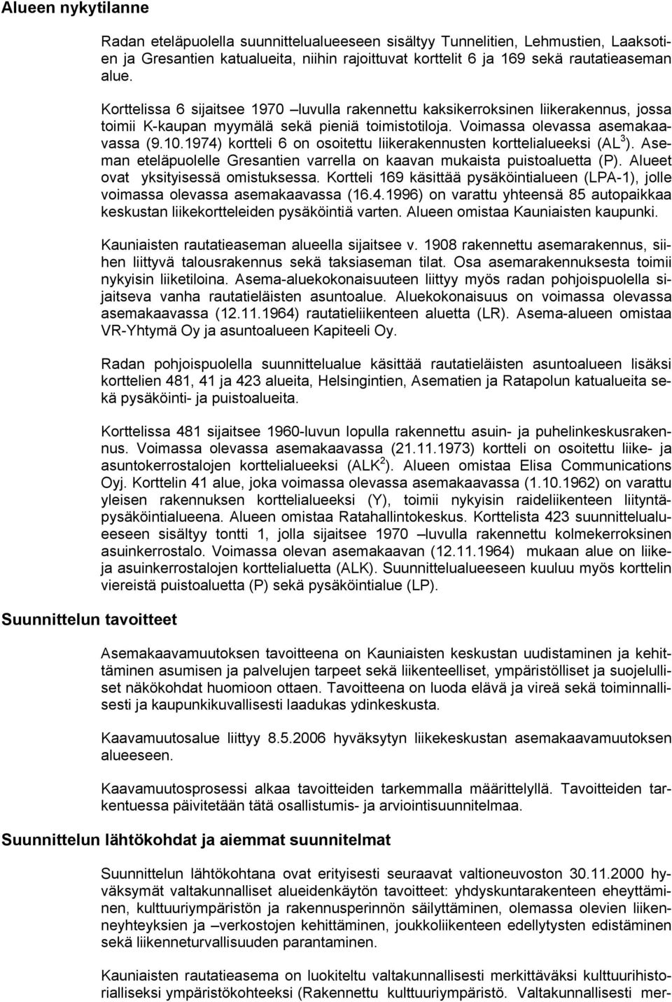 1974) kortteli 6 on osoitettu liikerakennusten korttelialueeksi (AL 3 ). Aseman eteläpuolelle Gresantien varrella on kaavan mukaista puistoaluetta (P). Alueet ovat yksityisessä omistuksessa.