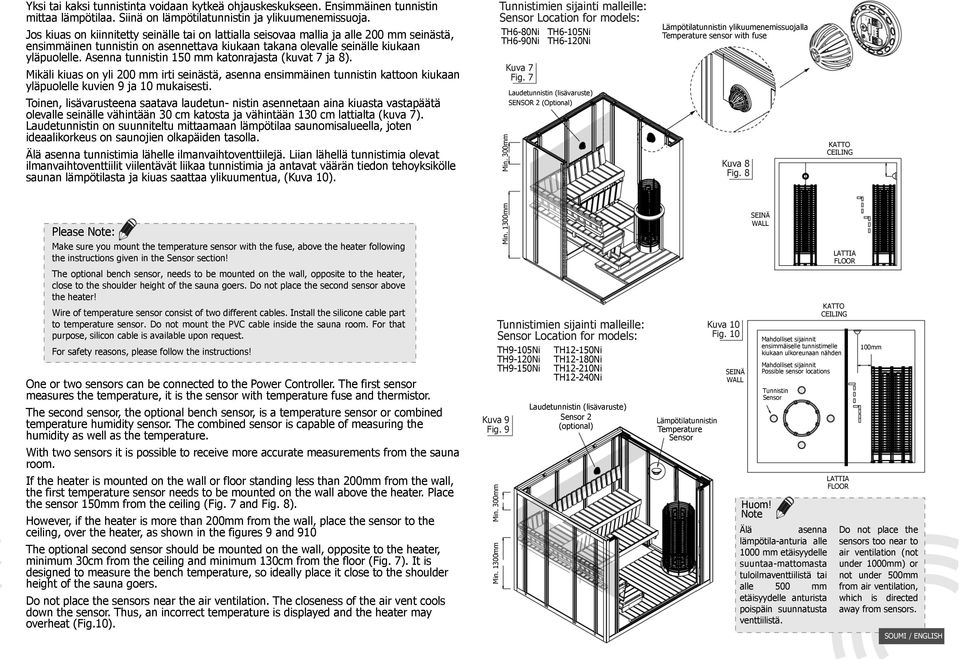 Asenna tunnistin 10 mm katonrajasta (kuvat 7 ja 8). Mikäli kiuas on yli 200 mm irti seinästä, asenna ensimmäinen tunnistin kattoon kiukaan yläpuolelle kuvien 9 ja 10 mukaisesti.