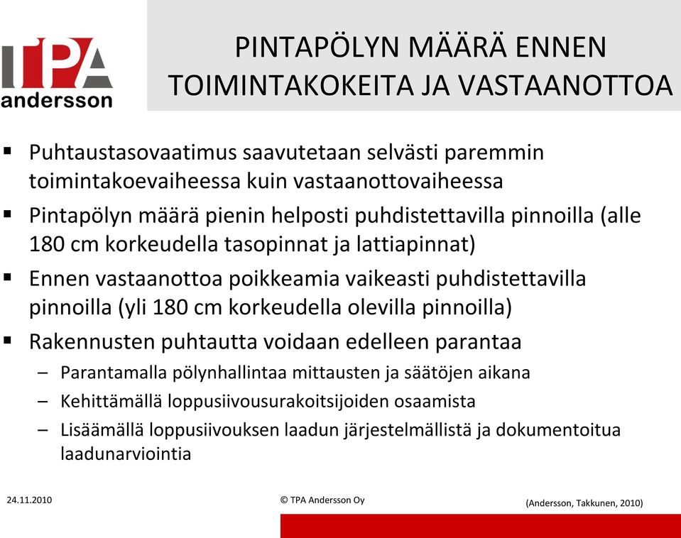 puhdistettavilla pinnoilla (yli 180 cm korkeudella olevilla pinnoilla) Rakennusten puhtautta voidaan edelleen parantaa Parantamalla pölynhallintaa mittausten ja