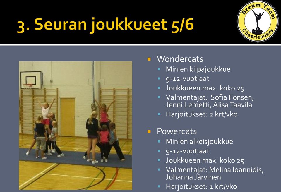 Harjoitukset: 2 krt/vko Powercats Minien alkeisjoukkue 9-12-vuotiaat