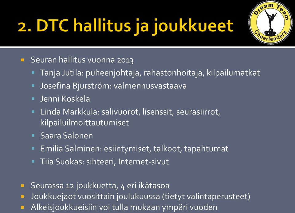 Salonen Emilia Salminen: esiintymiset, talkoot, tapahtumat Tiia Suokas: sihteeri, Internet-sivut Seurassa 12