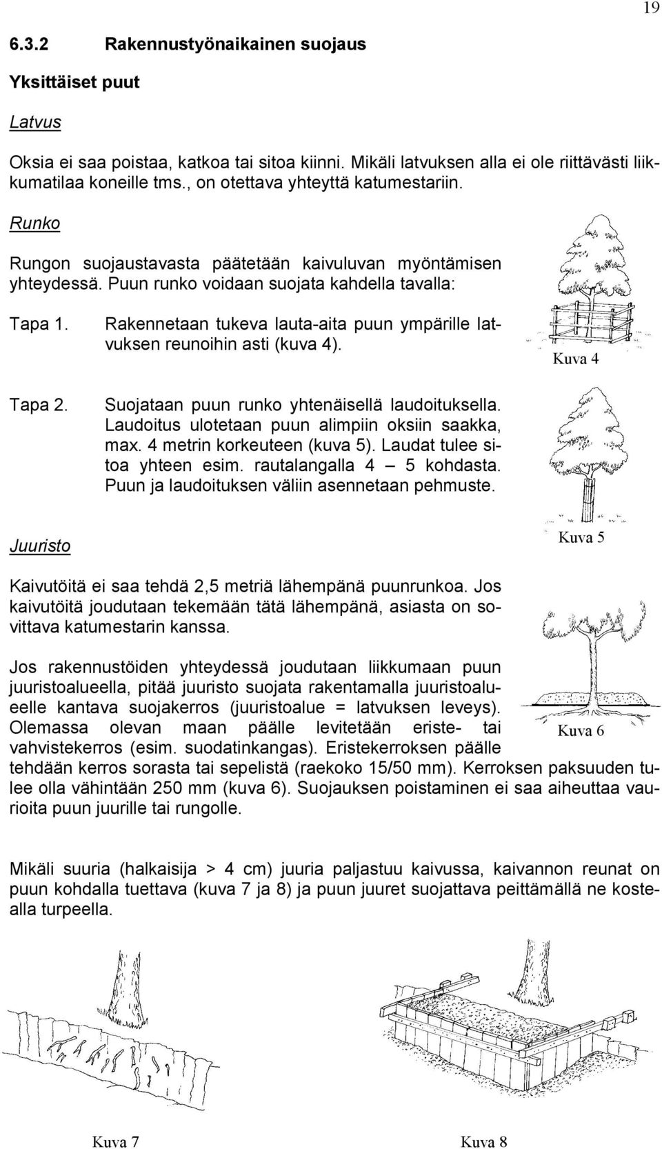 Rakennetaan tukeva lauta-aita puun ympärille latvuksen reunoihin asti (kuva 4). Suojataan puun runko yhtenäisellä laudoituksella. Laudoitus ulotetaan puun alimpiin oksiin saakka, max.