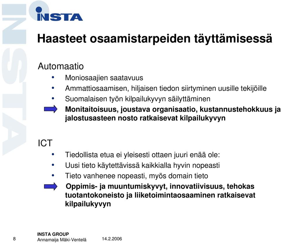 kilpailukyvyn ICT Tiedollista etua ei yleisesti ottaen juuri enää ole: Uusi tieto käytettävissä kaikkialla hyvin nopeasti Tieto vanhenee