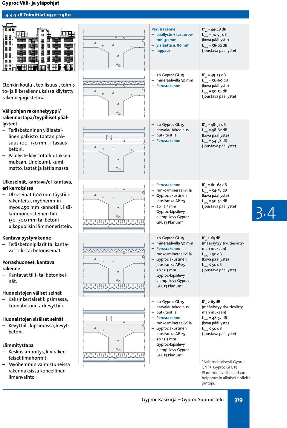 Ulkoseinät 600 mm täystiilirakenteita, myöhemmin myös 450 mm kennotiili, lisälämmöneristeinen tiili 130+300 mm tai betoni ulkopuolisin lämmöneristein.