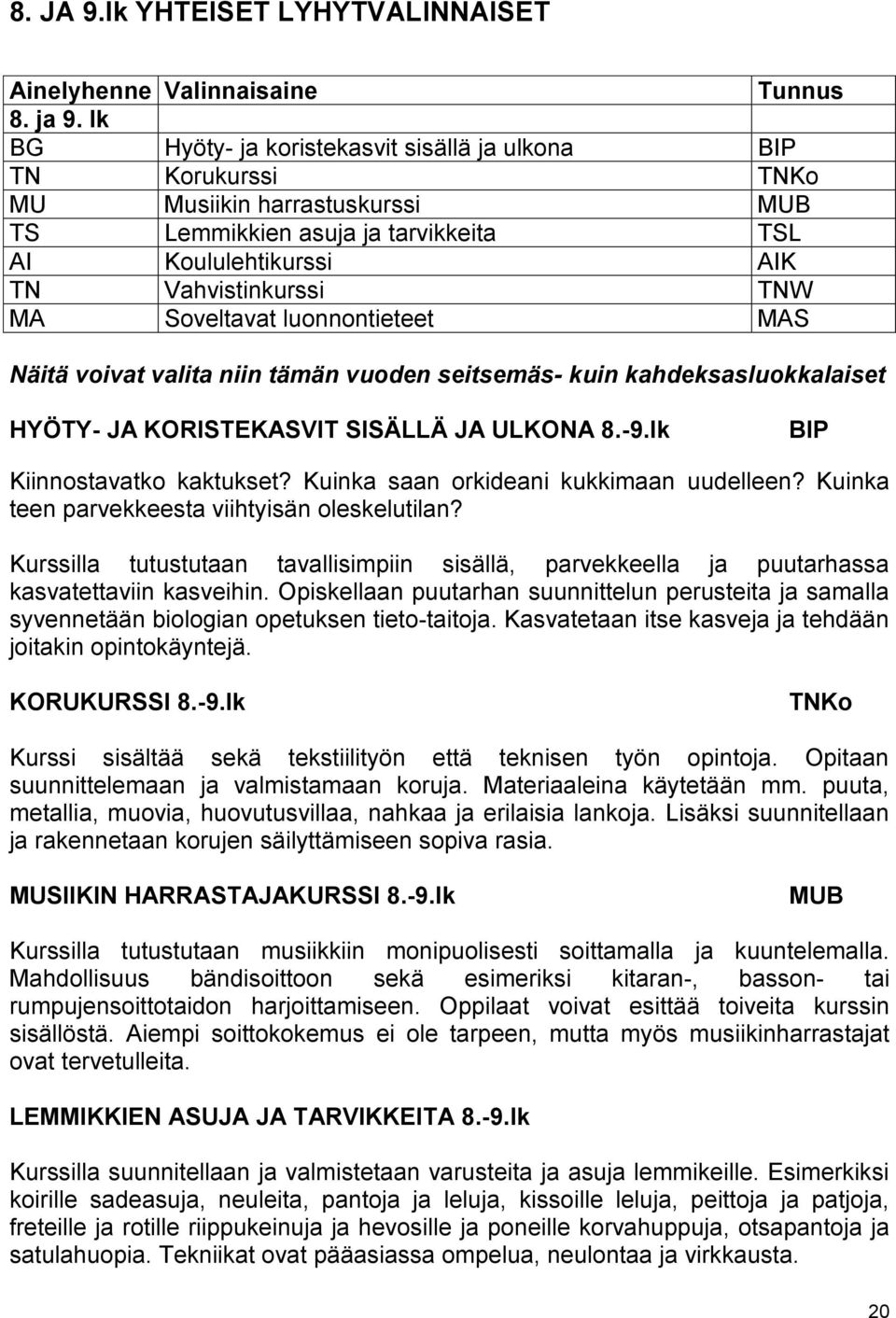 Soveltavat luonnontieteet MAS Näitä voivat valita niin tämän vuoden seitsemäs- kuin kahdeksasluokkalaiset HYÖTY- JA KORISTEKASVIT SISÄLLÄ JA ULKONA 8.-9.lk BIP Kiinnostavatko kaktukset?