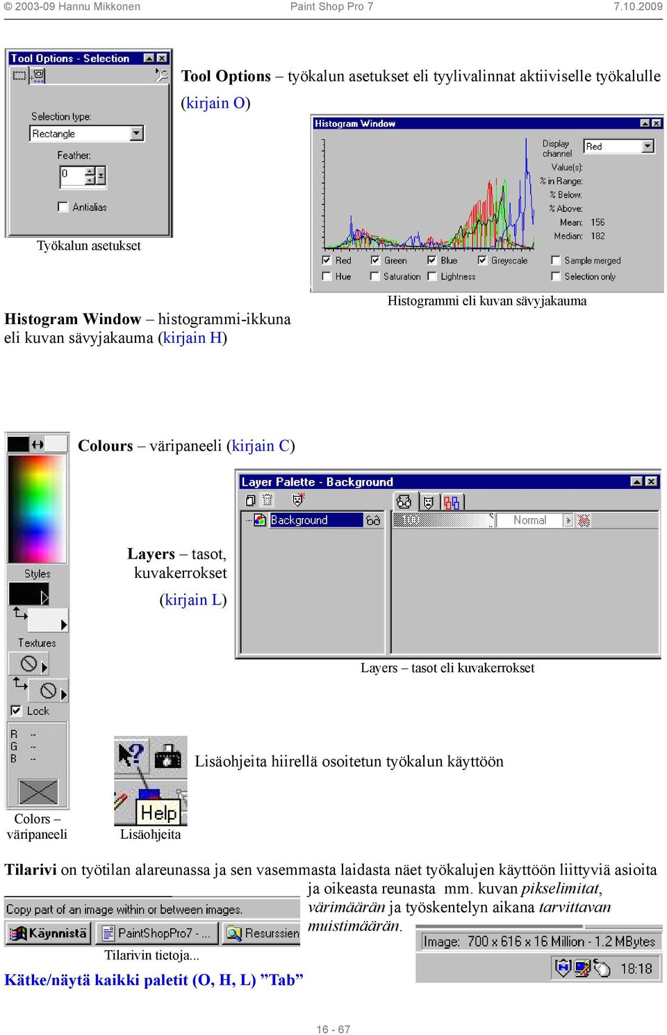 Lisäohjeita hiirellä osoitetun työkalun käyttöön Colors väripaneeli Lisäohjeita Tilarivi on työtilan alareunassa ja sen vasemmasta laidasta näet työkalujen käyttöön