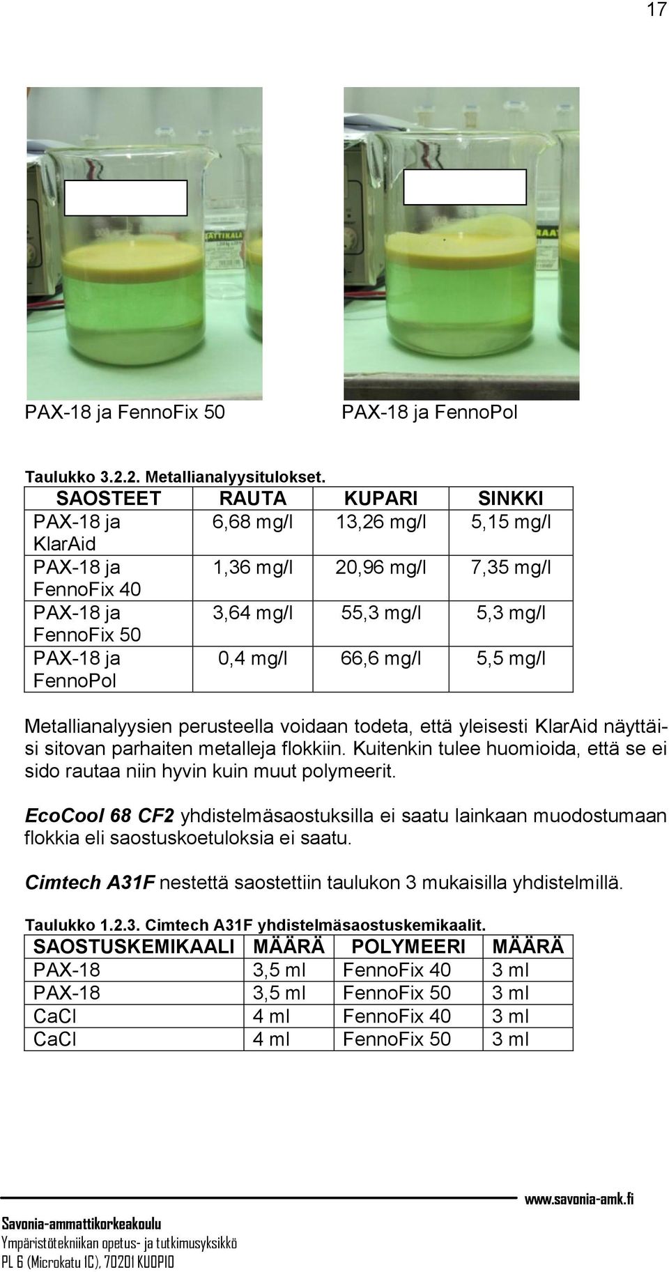 FennoPol 0,4 mg/l 66,6 mg/l 5,5 mg/l Metallianalyysien perusteella voidaan todeta, että yleisesti KlarAid näyttäisi sitovan parhaiten metalleja flokkiin.