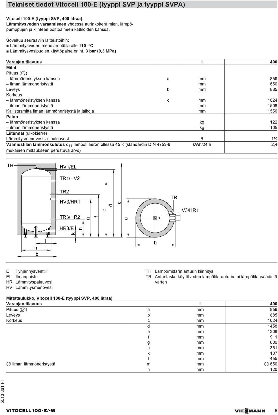 3 ar (0,3 MPa) Varaajan tilavuus l 400 Mitat Pituus (7) lämmöneristyksen kanssa a mm 859 ilman lämmöneristystä mm 650 Leveys mm 885 Korkeus lämmöneristyksen kanssa c mm 1624 ilman lämmöneristystä mm