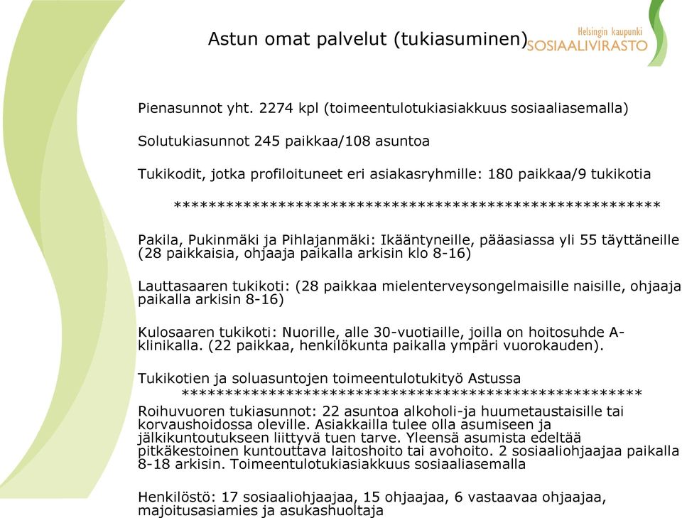 ******************************************************** Pakila, Pukinmäki ja Pihlajanmäki: Ikääntyneille, pääasiassa yli 55 täyttäneille (28 paikkaisia, ohjaaja paikalla arkisin klo 8-16)