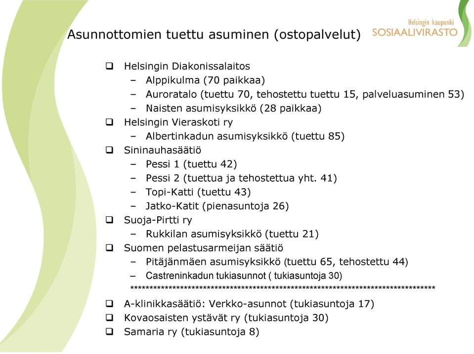 41) Topi-Katti (tuettu 43) Jatko-Katit (pienasuntoja 26) Suoja-Pirtti ry Rukkilan asumisyksikkö (tuettu 21) Suomen pelastusarmeijan säätiö Pitäjänmäen asumisyksikkö (tuettu 65, tehostettu 44)