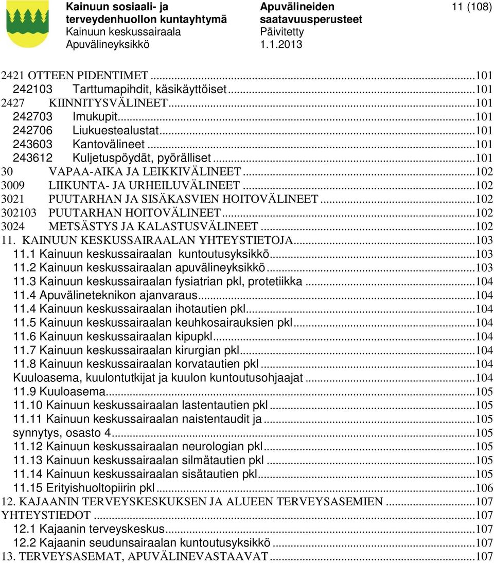 .. 102 302103 PUUTARHAN HOITOVÄLINEET... 102 3024 METSÄSTYS JA KALASTUSVÄLINEET... 102 11. KAINUUN KESKUSSAIRAALAN YHTEYSTIETOJA... 103 11.1 n kuntoutusyksikkö... 103 11.2 n apuvälineyksikkö... 103 11.3 n fysiatrian pkl, protetiikka.