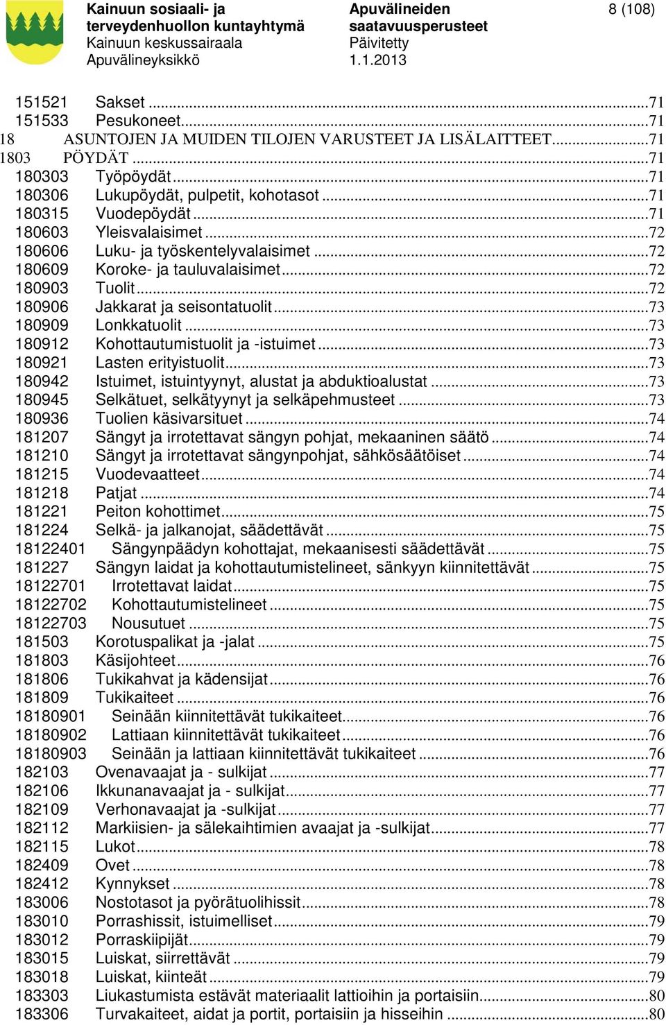 .. 73 180909 Lonkkatuolit... 73 180912 Kohottautumistuolit ja -istuimet... 73 180921 Lasten erityistuolit... 73 180942 Istuimet, istuintyynyt, alustat ja abduktioalustat.