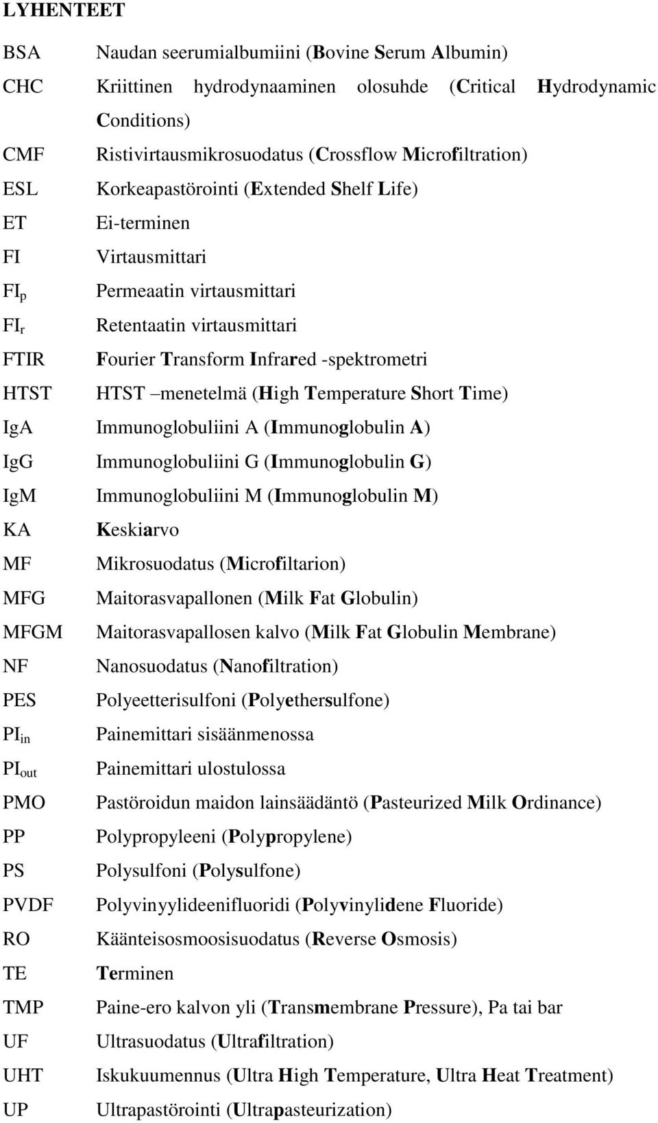 menetelmä (High Temperature Short Time) IgA Immunoglobuliini A (Immunoglobulin A) IgG Immunoglobuliini G (Immunoglobulin G) IgM Immunoglobuliini M (Immunoglobulin M) KA Keskiarvo MF Mikrosuodatus