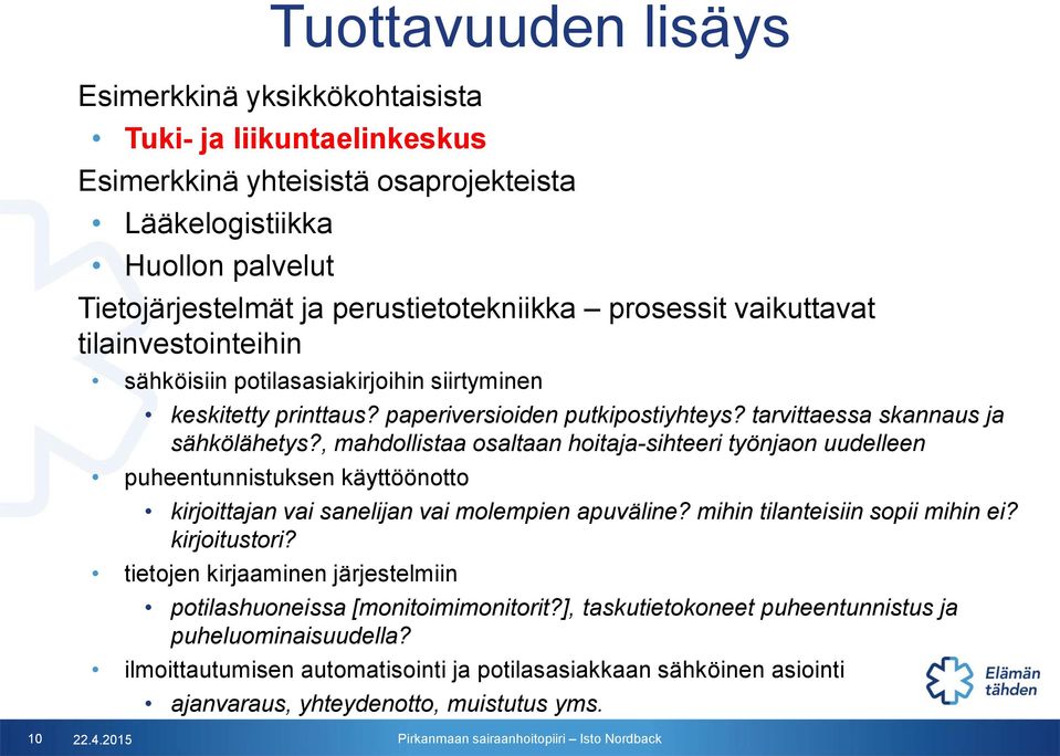 , mahdollistaa osaltaan hoitaja-sihteeri työnjaon uudelleen puheentunnistuksen käyttöönotto kirjoittajan vai sanelijan vai molempien apuväline? mihin tilanteisiin sopii mihin ei? kirjoitustori?