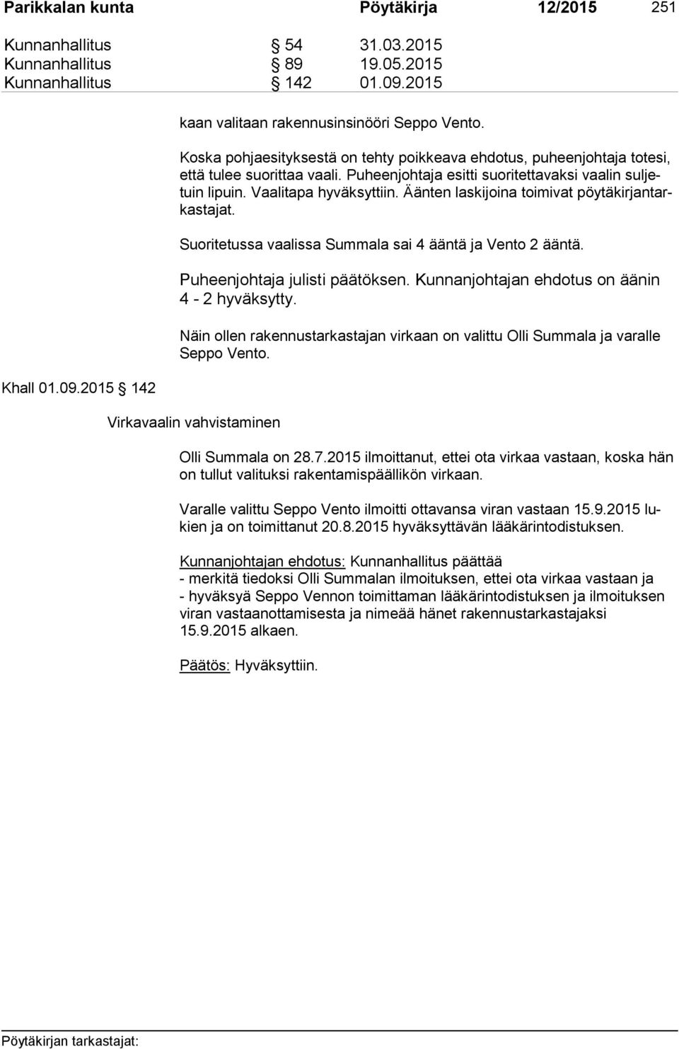 Äänten laskijoina toimivat pöy tä kir jan tarkas ta jat. Suoritetussa vaalissa Summala sai 4 ääntä ja Vento 2 ääntä. Puheenjohtaja julisti päätöksen. Kunnanjohtajan ehdotus on äänin 4-2 hyväksytty.