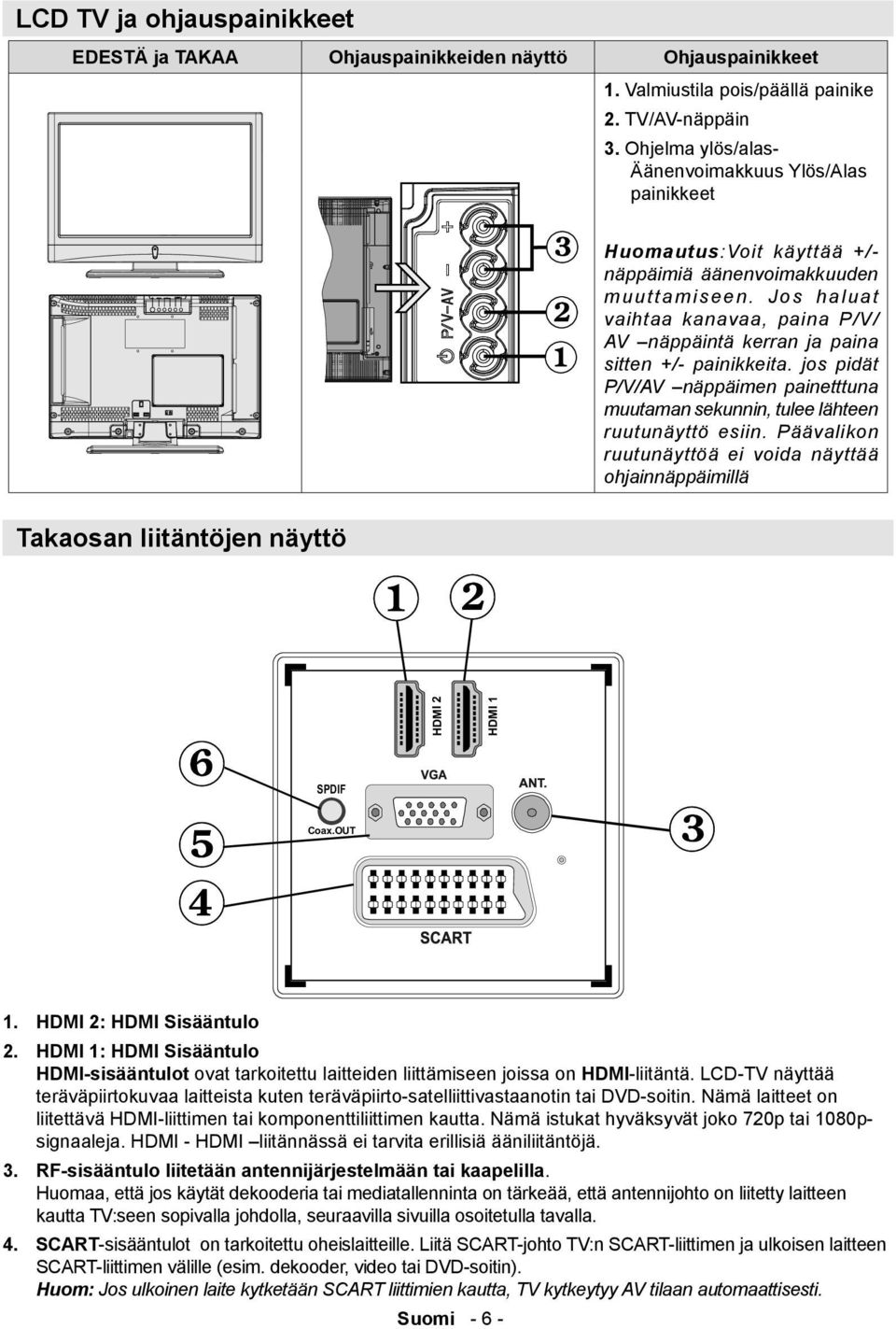 Jos haluat vaihtaa kanavaa, paina P/V/ AV näppäintä kerran ja paina sitten +/- painikkeita. jos pidät P/V/AV näppäimen painetttuna muutaman sekunnin, tulee lähteen ruutunäyttö esiin.