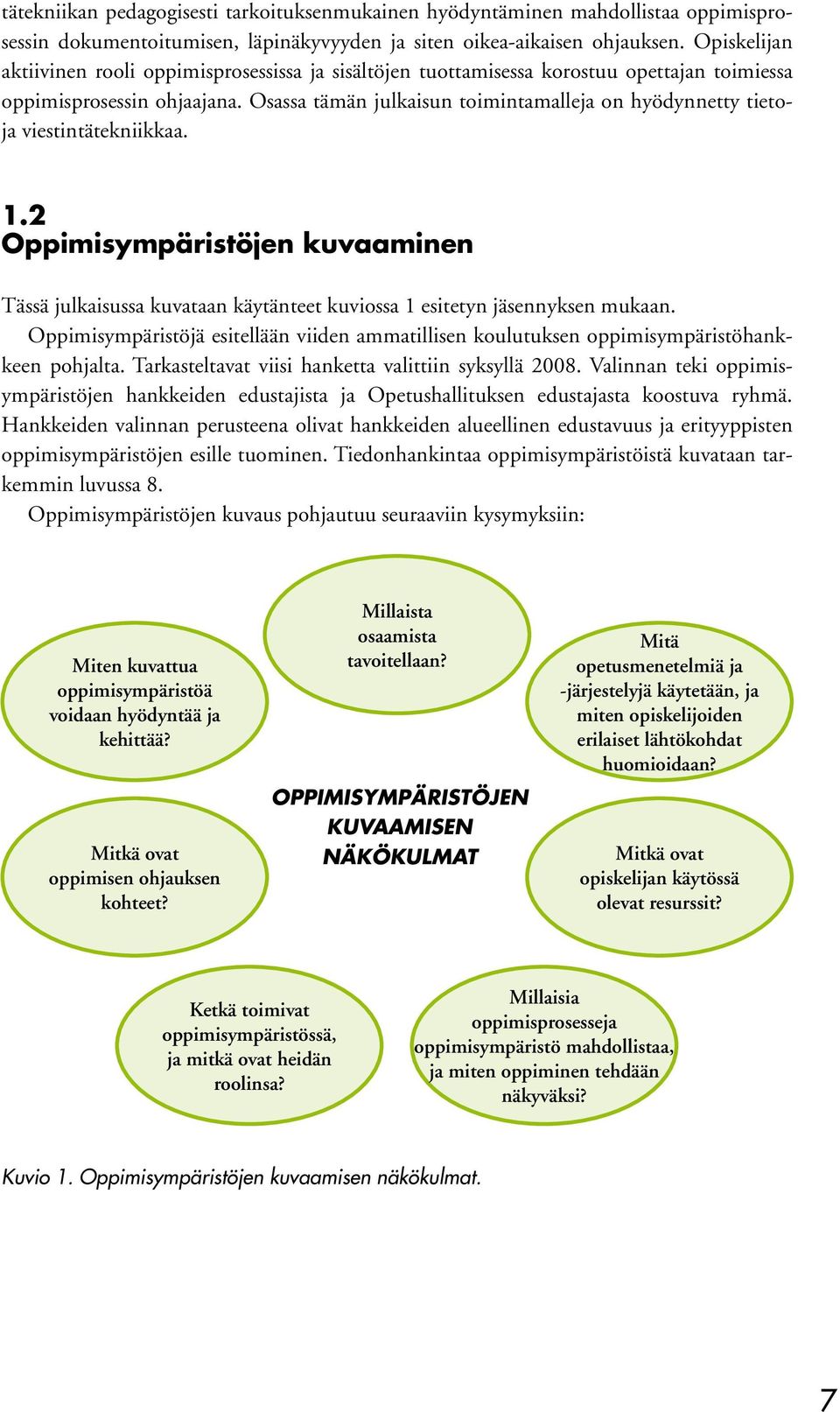 Osassa tämän julkaisun toimintamalleja on hyödynnetty tietoja viestintätekniikkaa. 1.2 Oppimisympäristöjen kuvaaminen Tässä julkaisussa kuvataan käytänteet kuviossa 1 esitetyn jäsennyksen mukaan.